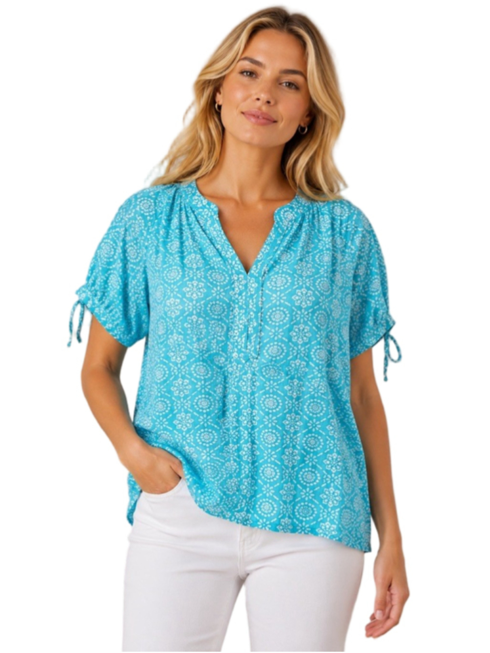 Talbots Aqua Blue Medallion Geometric Split Neck Blouse Top Tie Sleeves Size 3X